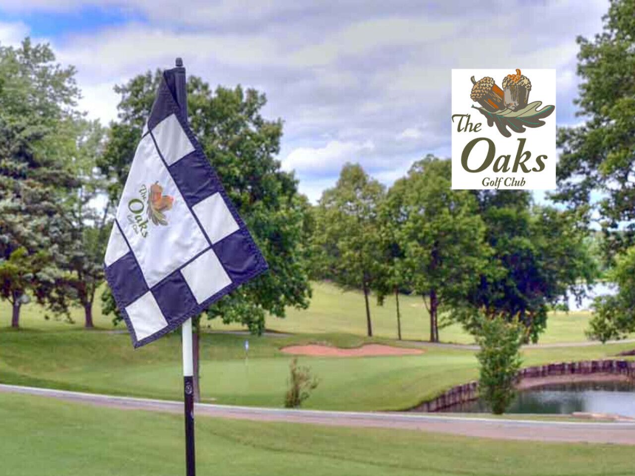 A golf course with a flag, trees, and a pond.