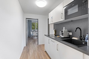 Deluxe Condo | Private kitchen | Full-size fridge, microwave, stovetop, dishwasher
