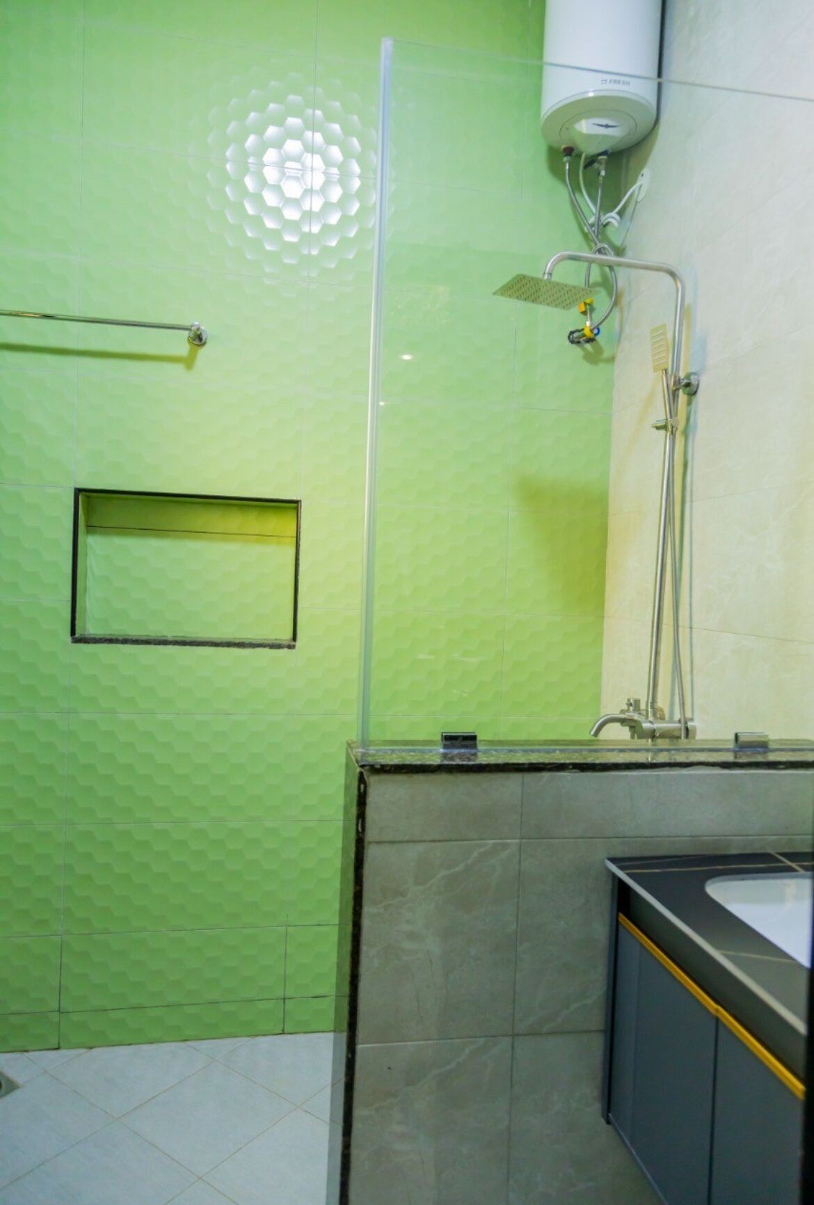 Shower, hair dryer, bidet, towels