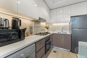 Fridge, microwave, oven, toaster