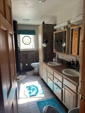 Shower, hair dryer, shampoo