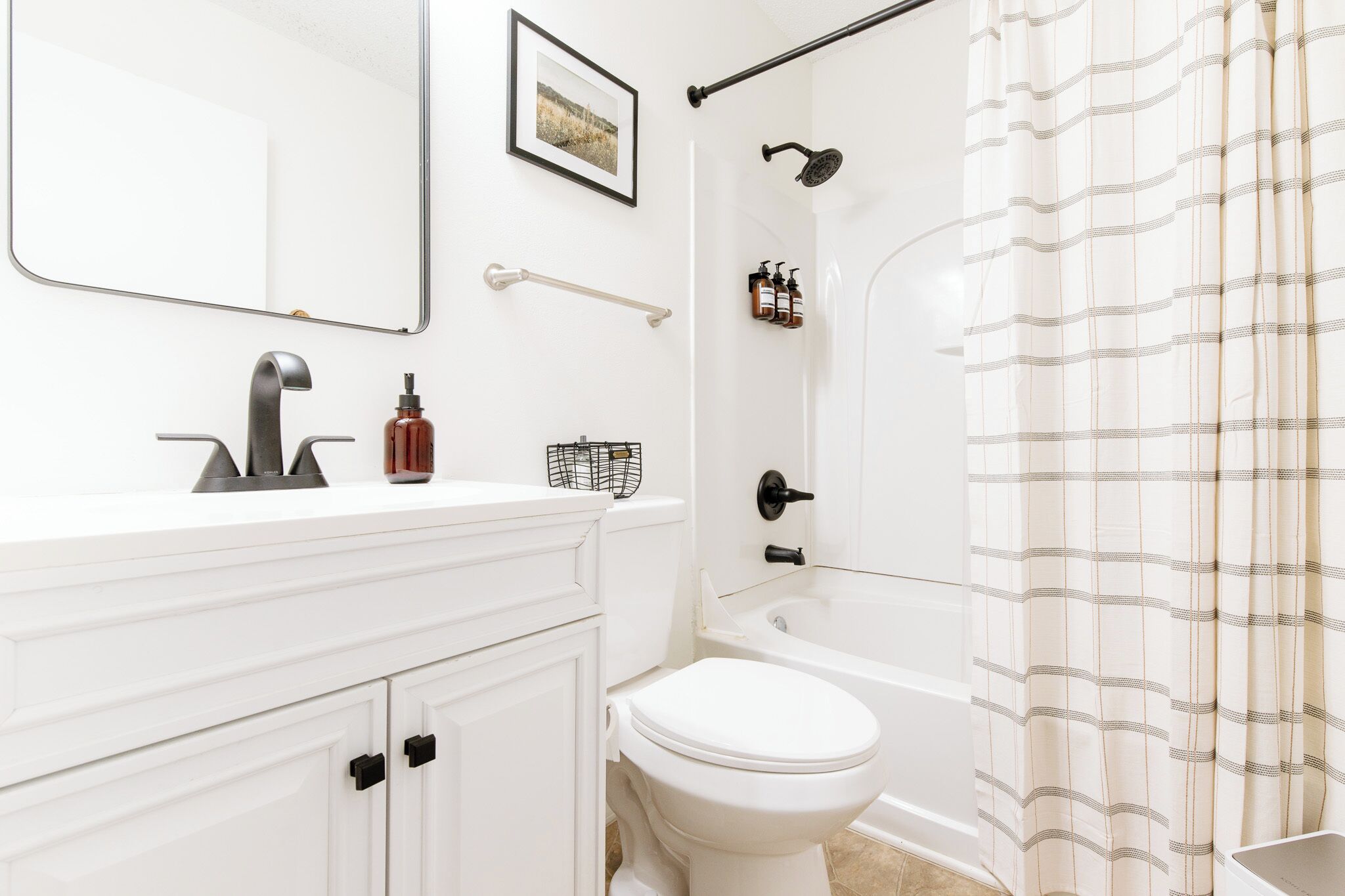 Hair dryer, towels, soap, shampoo