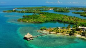An aerial view of a tropical island with clear turquoise waters, a thatched-roof structure, and a dock extending into the sea. - Hotel Colombia del Golfo (Tolú)