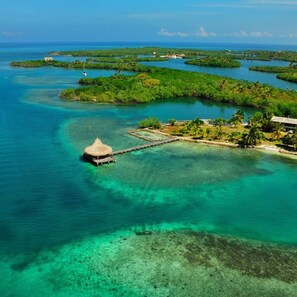 An aerial view of a tropical island with clear turquoise waters, a thatched-roof structure, and a dock extending into the sea. - Hotel Colombia del Golfo (Tolú)