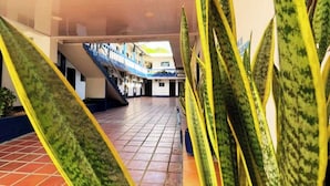 A corridor with tiled flooring, a staircase, and potted plants. - Hotel Colombia del Golfo (Tolú)