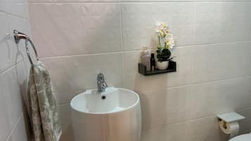 Shower, jetted tub, hair dryer, towels