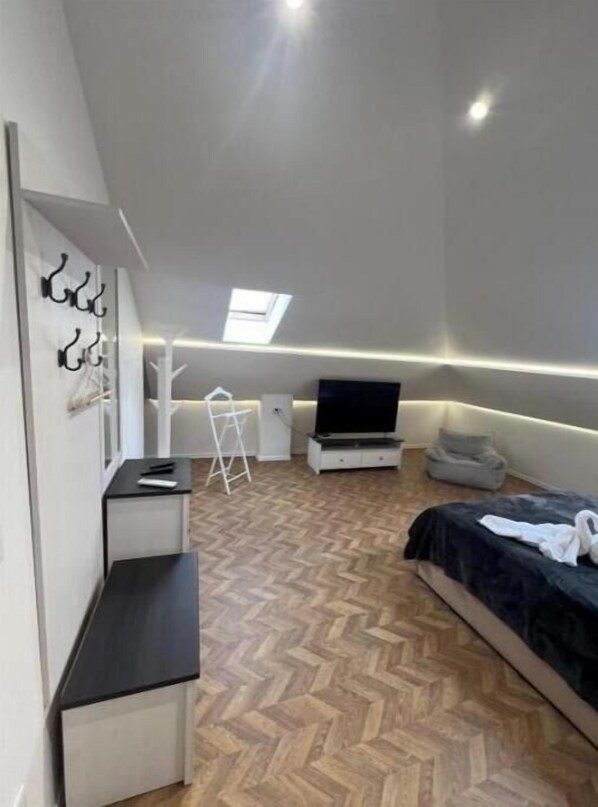 Cozy retreat with a single bed, wall-mounted TV, and skylight.