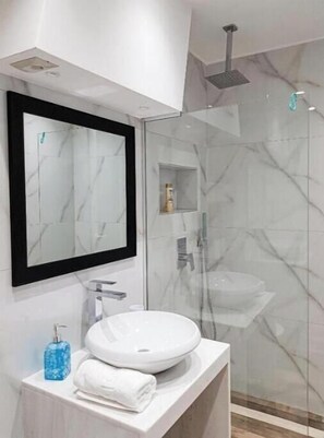 Bathroom features a large sink, sleek mirror, and glass-enclosed shower.