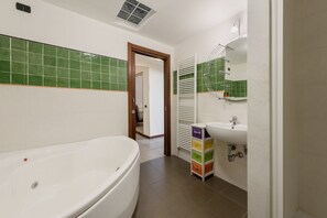 Een douche, een haardroger, een bidet, handdoeken