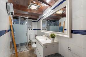 Chuveiro, secador de cabelo, toalhas de banho 