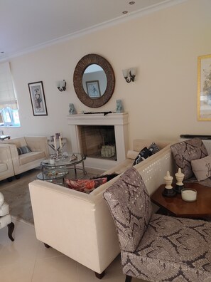 TV connectée, cheminée, livres