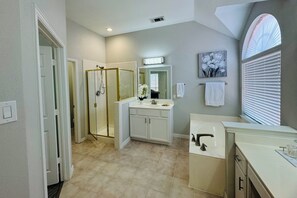Hair dryer, towels, soap, shampoo