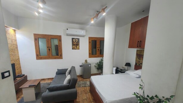 A compact room with a bed, a sofa, a small table, a TV, and a plant. - Gamgom studio  (Giza)