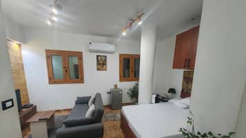 Una habitación compacta con cama, sofá, mesita, televisor y planta.