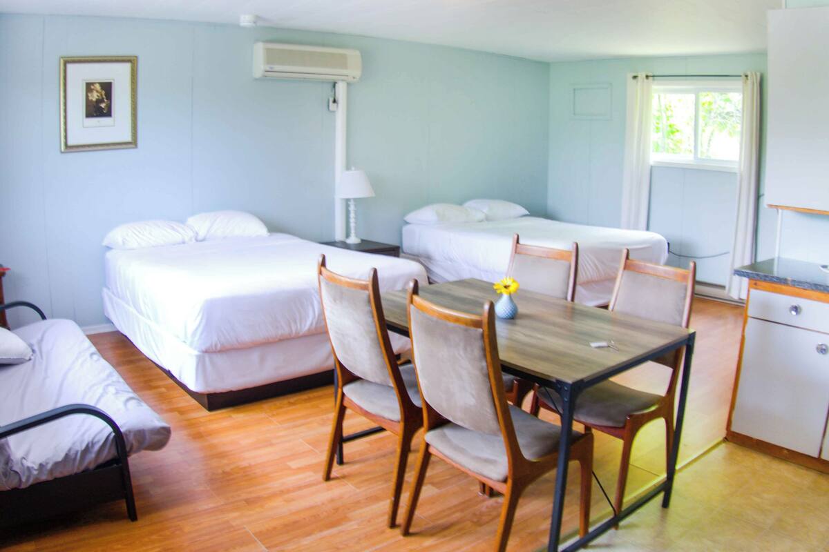 Ein Zimmer mit zwei Einzelbetten, einem Holzespeisetisch mit Stühlen, einer kleinen Küchenzeile und einem Fenster mit Vorhängen.