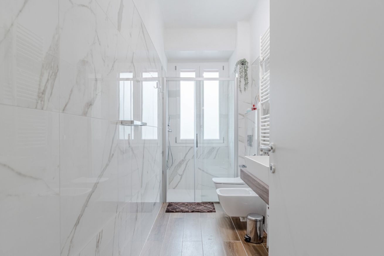 Shower, hair dryer, bidet, towels