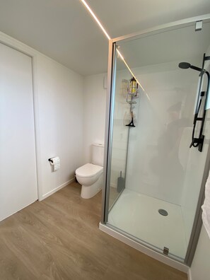 A modern bathroom with a glass shower enclosure, a toilet, and a shelf with toiletries.