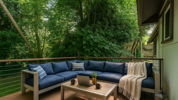 Une terrasse en bois avec un canapé d’angle bleu, une petite table et une lanterne.