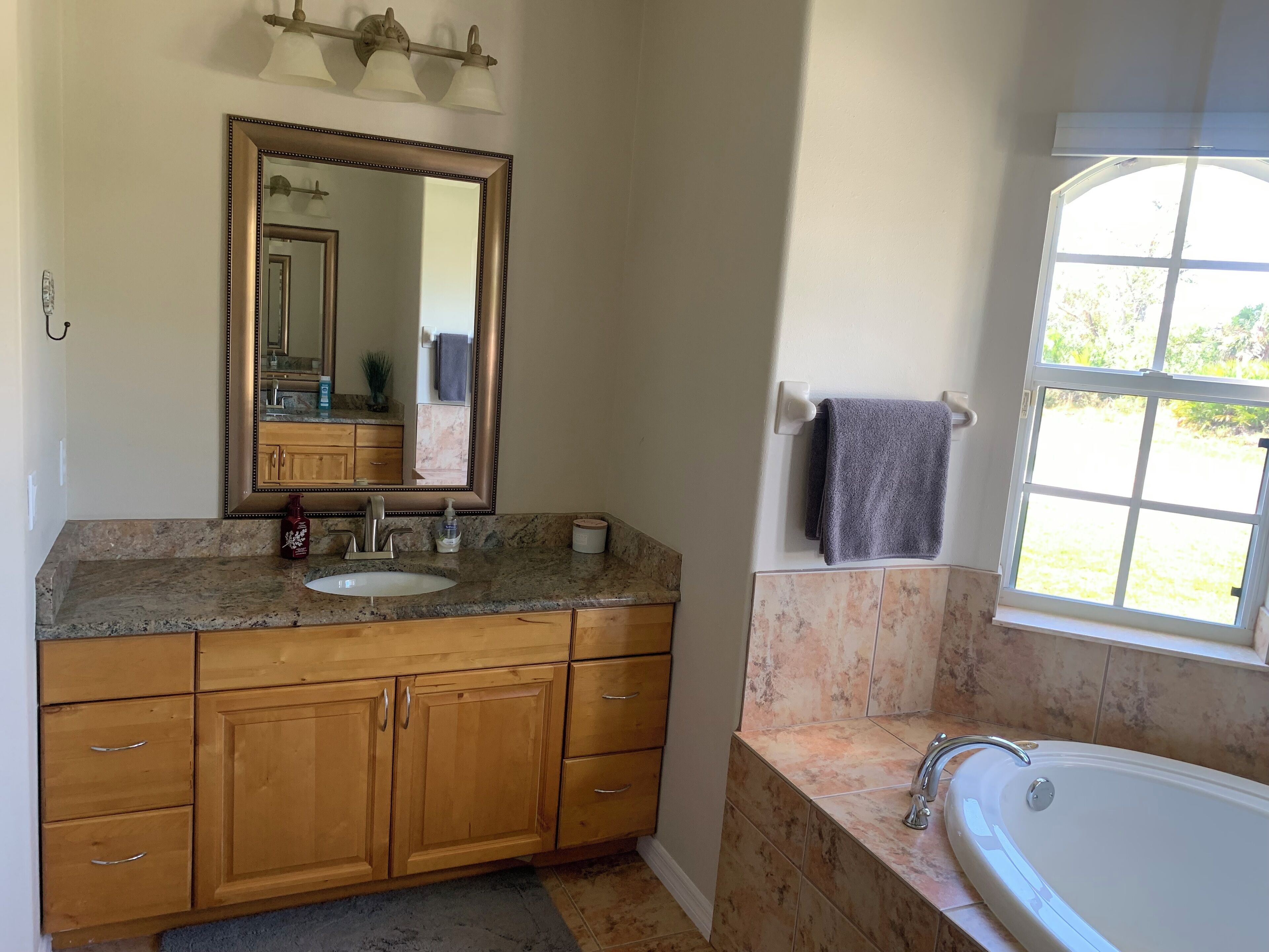 Une salle de bain avec un meuble-lavabo en bois, un grand miroir, un lavabo, une baignoire et une fenêtre donnant sur un paysage verdoyant.
