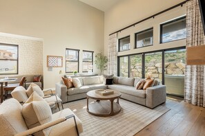 Smart TV, fireplace, foosball, books