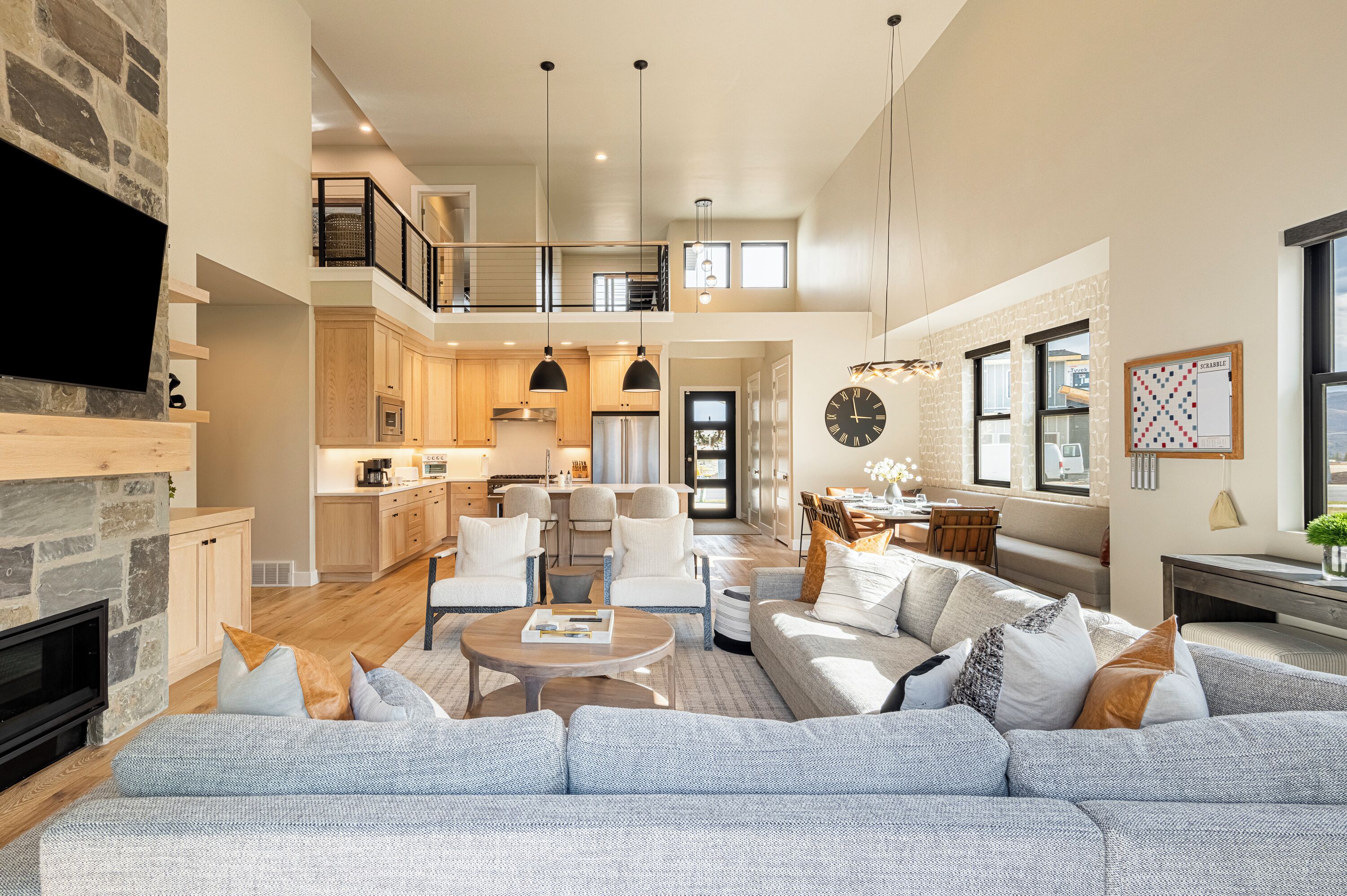 Smart TV, fireplace, foosball, books