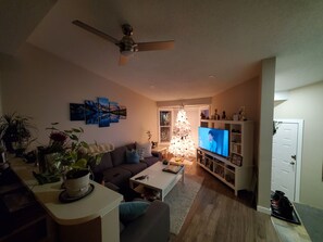 A living room with a sofa, coffee table, TV, and a ceiling fan.