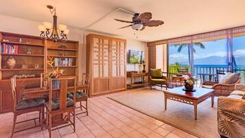 Condo, 1 Bedroom, Oceanfront | Living area | TV, DVD player