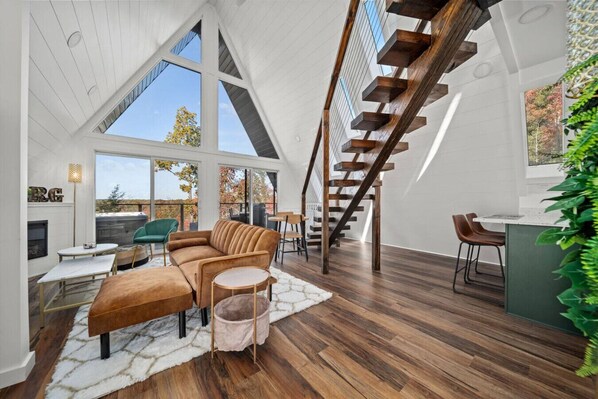 Smart TV, fireplace, books