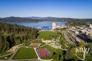 Aerial view - Modern Ground-Level Condo Downtown—Perfect Walkability & Shared Outdoor Space for Relaxation! (Coeur D Alene)