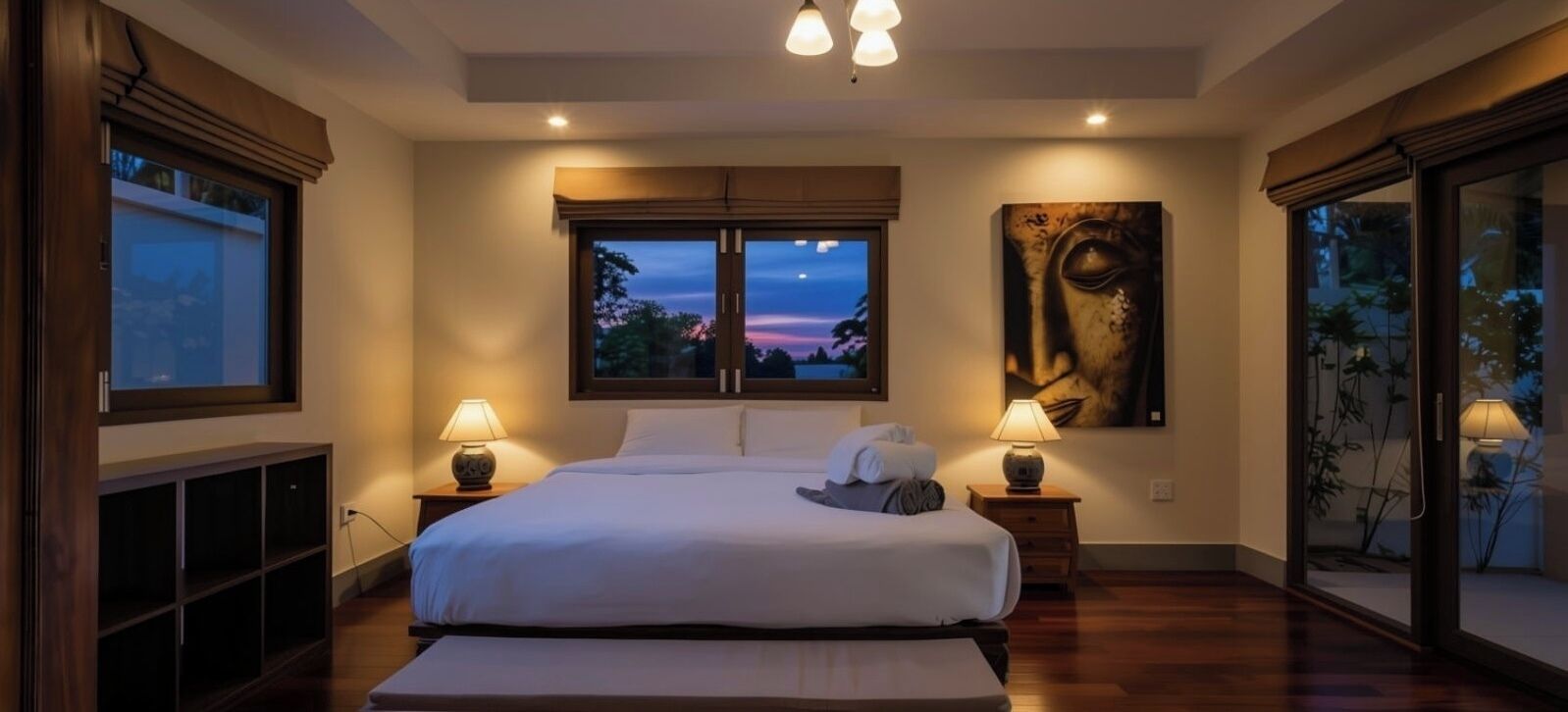 A bedroom with a large bed, two bedside lamps, a window with a view, and a painting on the wall.