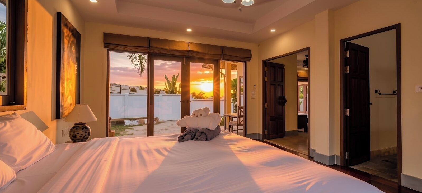 A hotel room with a bed, a nightstand, a lamp, a view of the sunset, and a door leading to another room.
