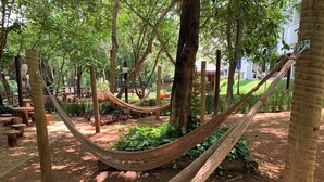 Una hamaca instalada entre árboles en un jardín con bancos y mesas de madera.