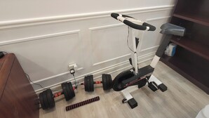 A home gym with an exercise bike, dumbbells, and a resistance band. - Elegant Modern 1 Bedroom Apt in Toronto North York (Toronto)