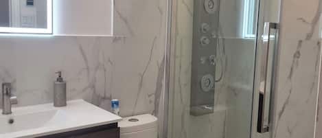 Shower, hair dryer, towels, soap