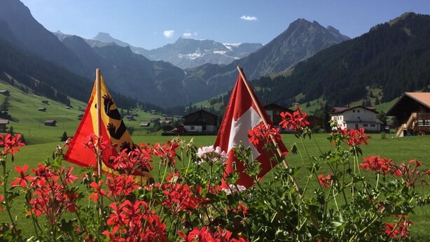 A mountainous landscape with two tents and red flowers in the foreground. - Cosy apartment for 4 people with WIFI, TV and balcony (Fuhre)