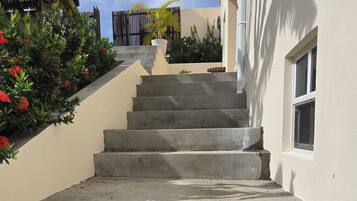 Escadaria de concreto que leva à entrada de um edifício, cercada por vegetação e um cercado de madeira.