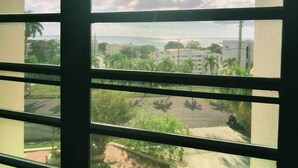 Ein Fenster mit horizontalen Jalousien, Blick auf eine Straße mit Gebäuden und Grünpflanzen, bewölkter Himmel.