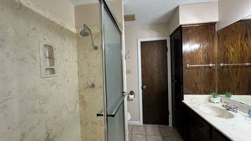 Hair dryer, towels, soap, shampoo
