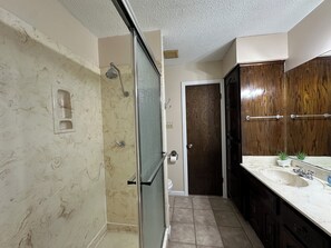 Hair dryer, towels, soap, shampoo
