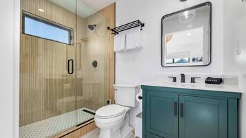 Shower, hair dryer, towels