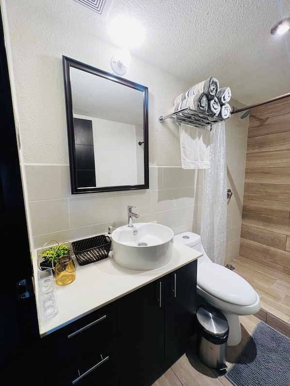 Hair dryer, towels, soap, shampoo