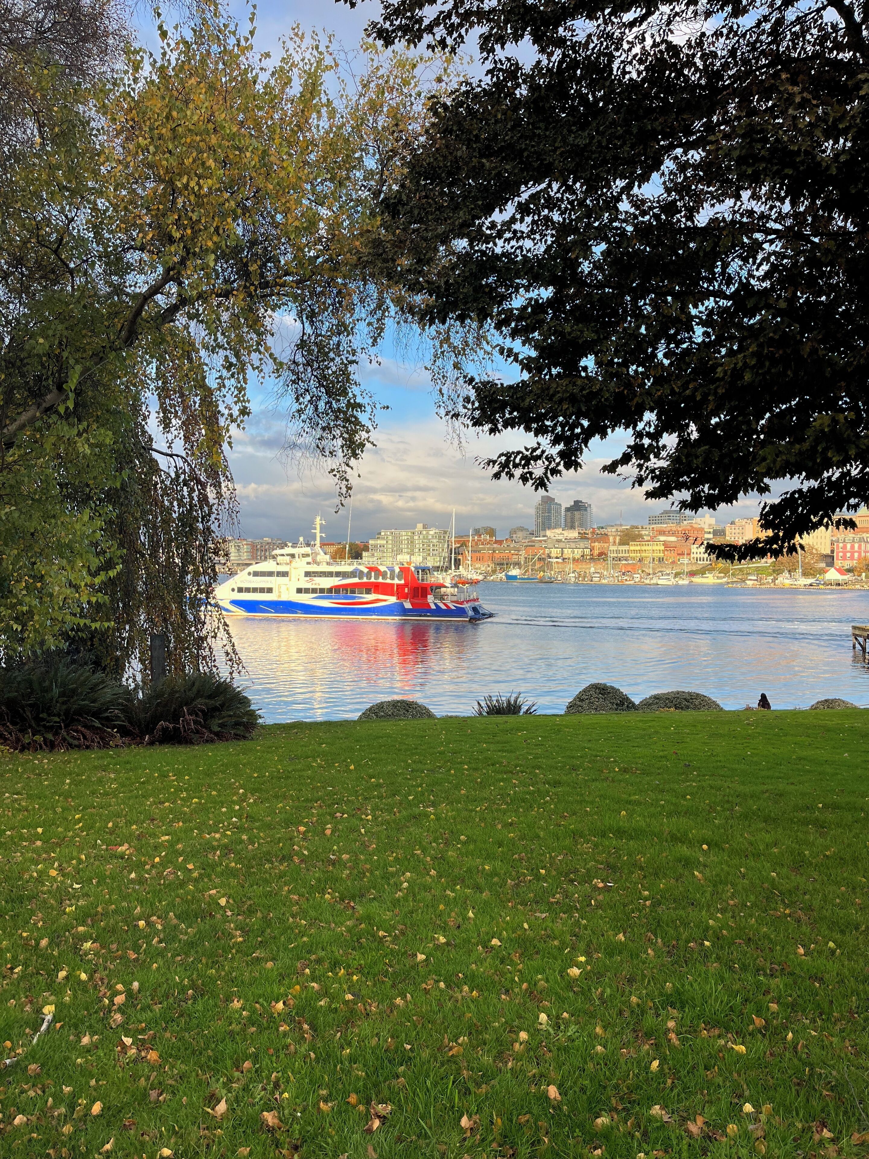 A river with a boat, grassy banks, and a cityscape in the background.