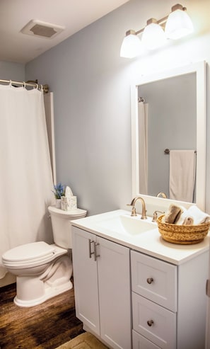 A bathroom with a white sink, a mirror, a toilet, and a shower curtain. - We Connect Co-Living (St. Louis Park)