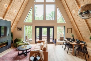 Smart TV, chimenea, libros, biblioteca de música