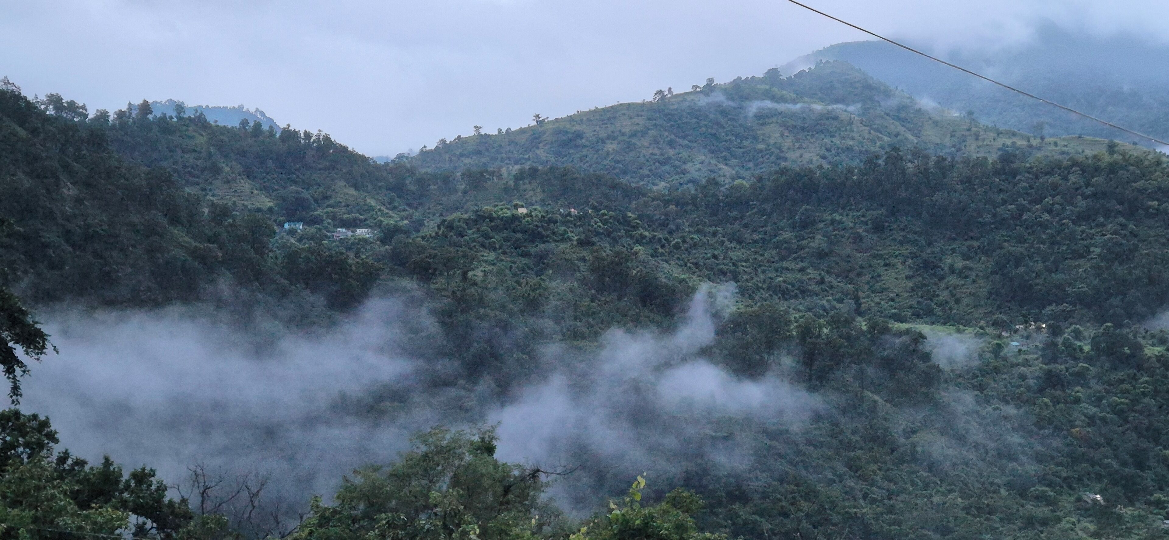 Eine gebirgige Landschaft mit dichter Vegetation und Nebel.