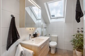 Chuveiro, secador de cabelo, toalhas de banho 