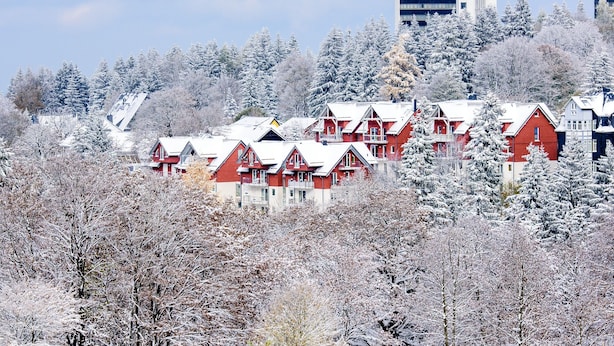 A cluster of red buildings with snow-covered trees in the foreground, surrounded by a forested area. - Apartment 'Tannenblick 3-2' with Shared Garden, Balcony and Wi-Fi (Oberhof)