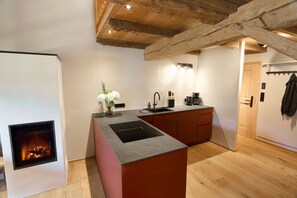 Fridge, microwave, oven, stovetop - 04 Christl, 80 sqm, 2 bedrooms, balcony, sauna, tiled stove (Schleching)