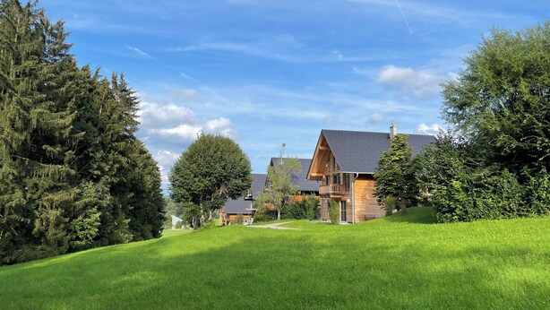 A wooden house with a sloped roof, surrounded by lush green grass and tall trees. - Vacation home cloverleaf 175sqm with balcony and terrace (Siegsdorf)