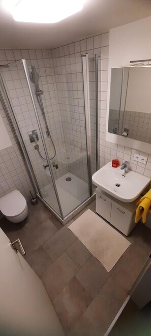 Une salle de bain avec une douche à parois de verre, un lavabo blanc et un miroir au-dessus.